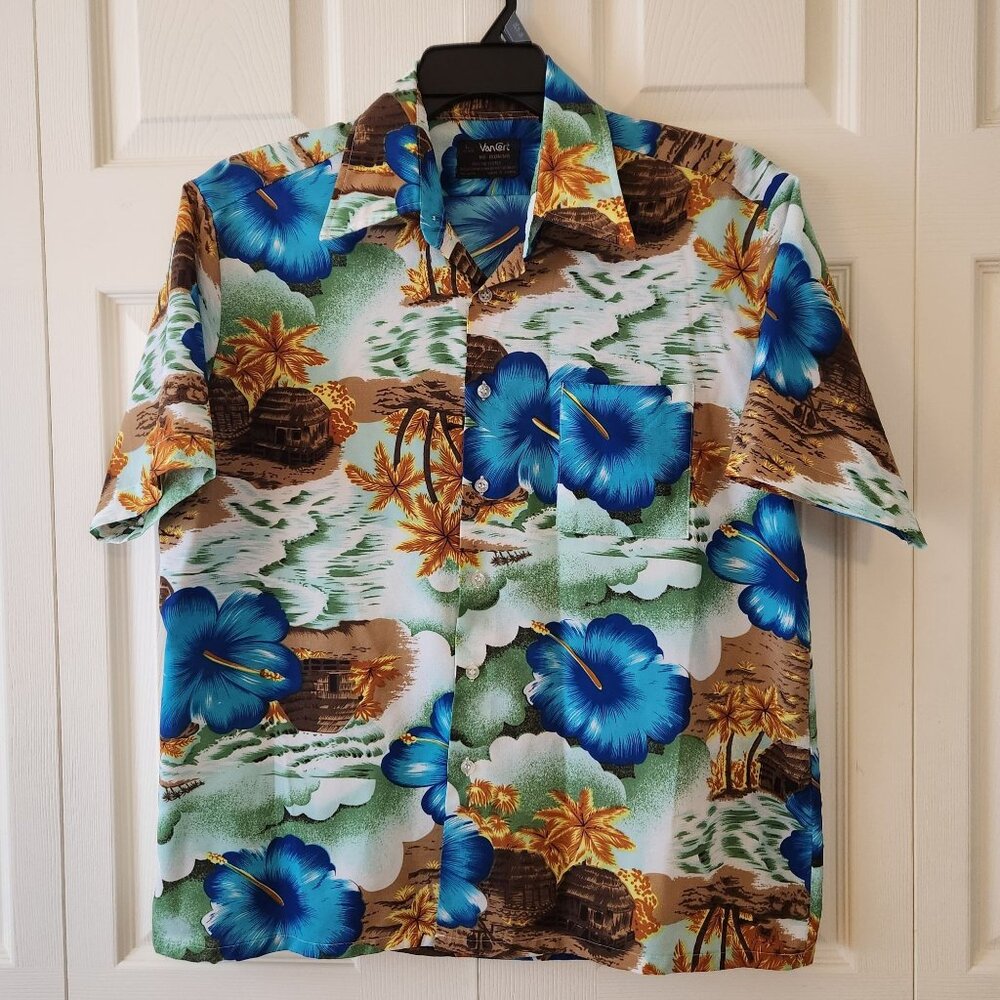 Vintage Van Cort Mens Hawaiian Shirt Flowers Tiki Hut Button Up Size L 16-16 1/2